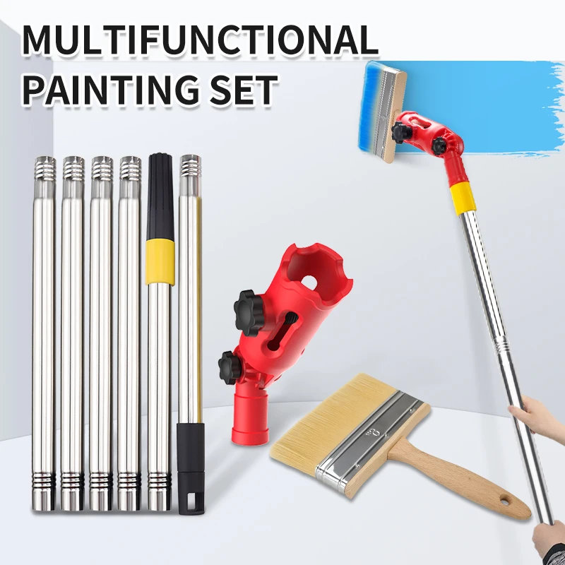 1.1/1.4/1.7M Multi-Function Painting Kit - 360° Swivel Brush Head Interlocking Extension Poles & Elastic Bristles for Wall