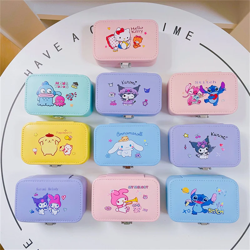 Kawaii Sanrio PU Leather Jewelry Box Hello Kitty Kuromi Storage Box Girls Travel Organizer Case Storage Necklace Ring Organizer