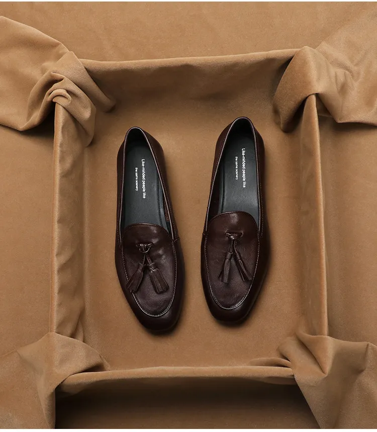 SHOEBOX Genuine Leather Flat Loafers for Women 2026 Spring Vintage Tassel Soft Leather Moccasin-Style Round-Toe British Style