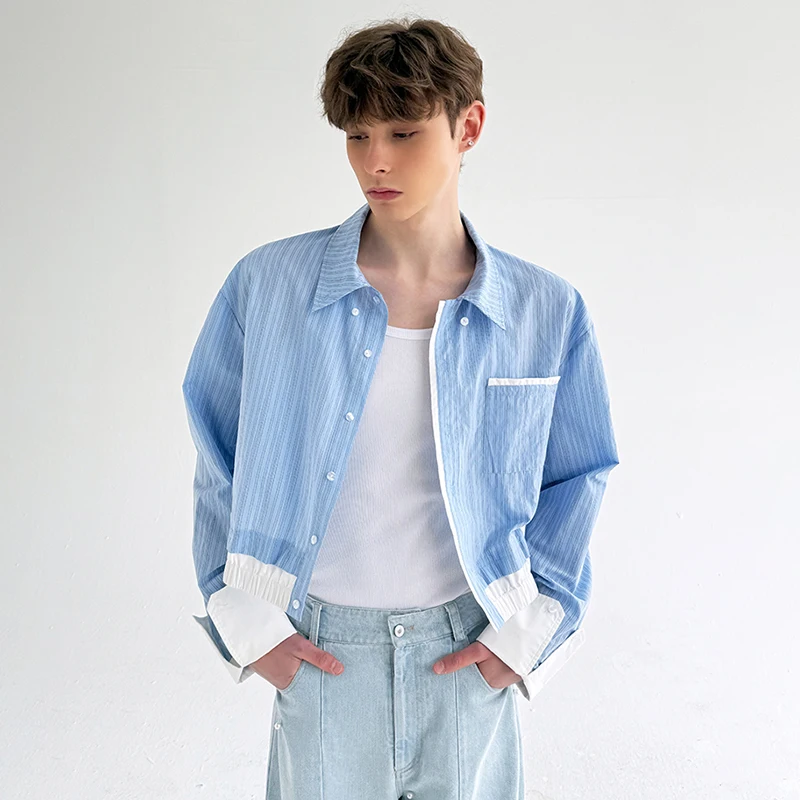 LUZHEN Fashion Color Contrast Design Stripe Printed Long Sleeve Shirts Men's 2025 New Handsome Pockets Decorate Male Tops JY3197