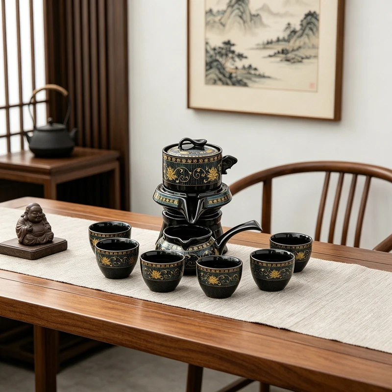 Vintage Ceramic Tea Set, Rotating Automatic Graphite Teapot with Floral Patterns, Lucky Kung Fu Gift