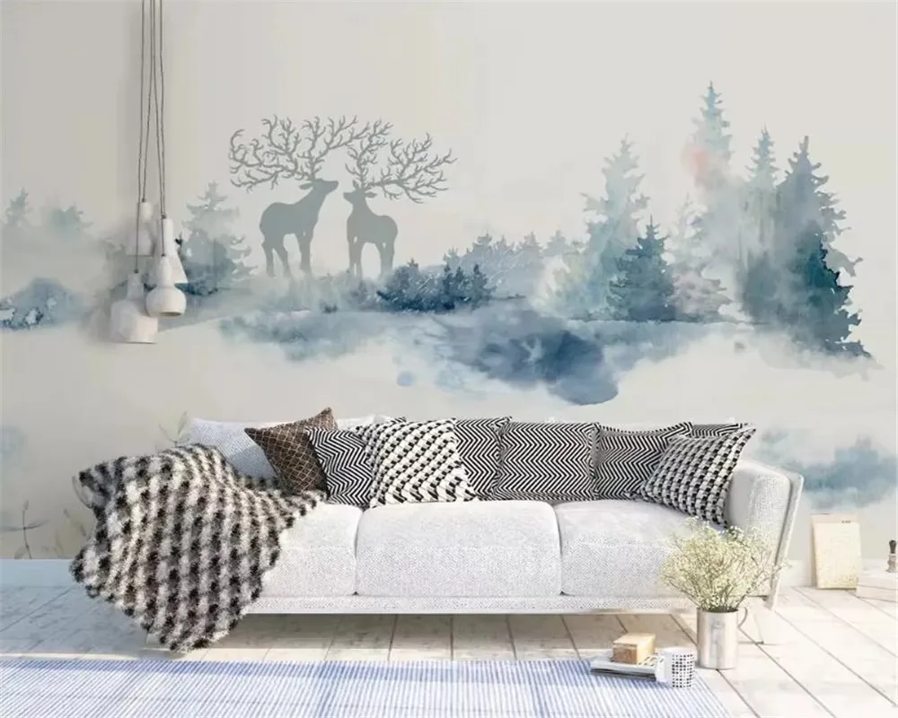 Custom Wallpaper home background wall 3d wallpaper high quality  blue Ink mountain view forest elk photo wallpaper