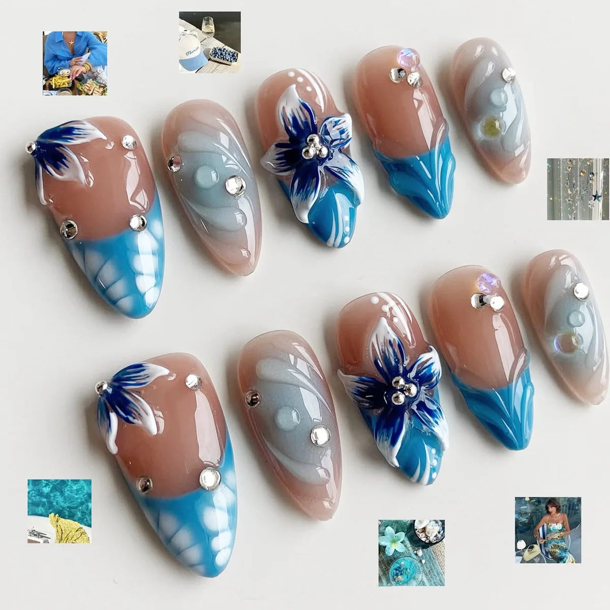 24Pcs 3D Relief Flower Sea Turtle False Nails Press on Summer Dopamine French Manicure Tips Almond Reusable Full Cover Fake Nail