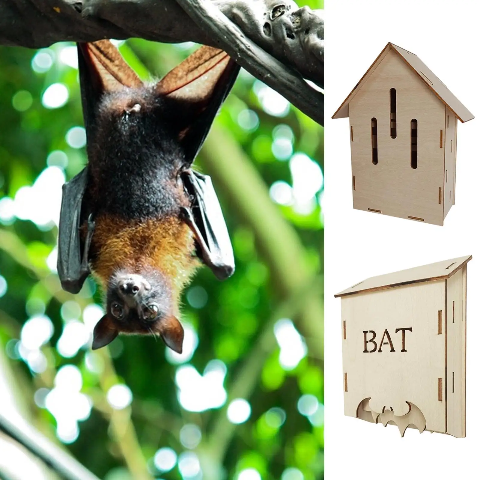 Image of Fledermaus-Nisthaus aus Holz für den Außenbereich, wiederverwendbarer Fledermaus-Unterschlupf für die Winterpause, Fledermaus-Box als Holzdekoration für den Garten