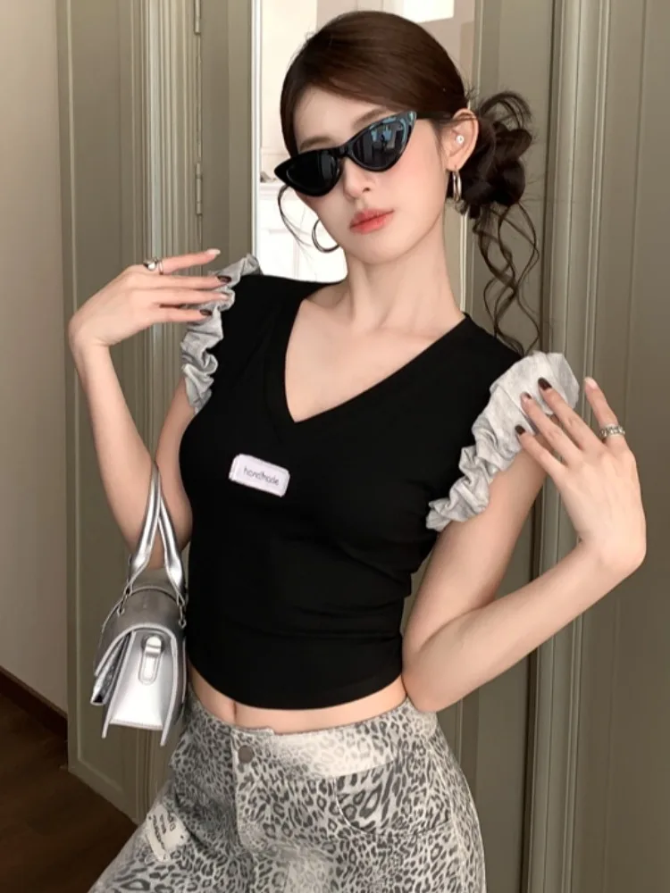 

Spicy Girl Style Short Sleeveless V-Neck Slim Fit Base Shirt Spring Summer New Fashion Fly Sleeve Lace Trim Patchwork Top