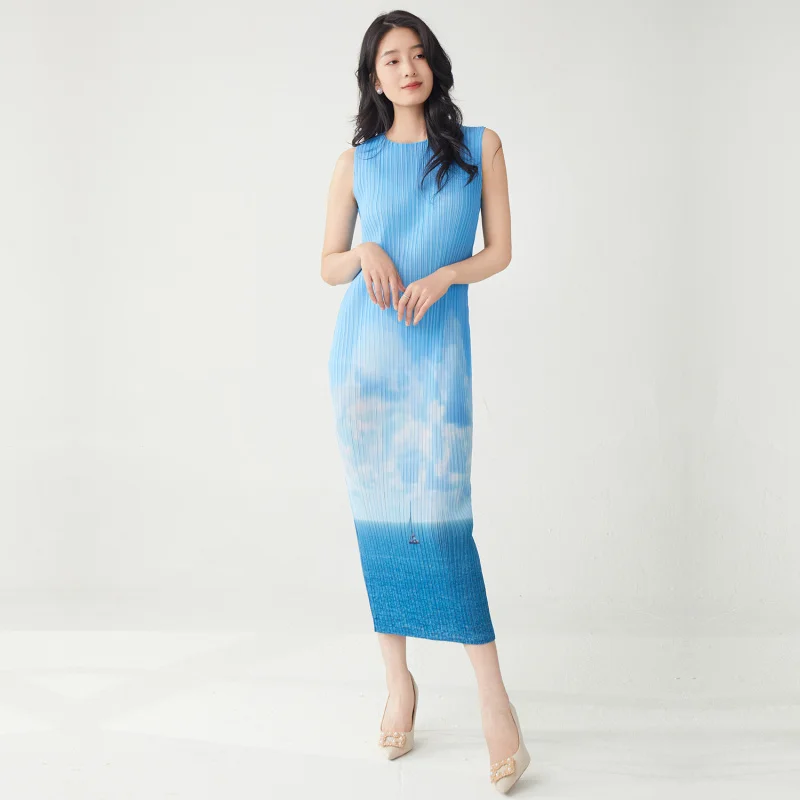 Das Miyake-Temperament strahlt einen Sinn für Luxus aus. Sommer neues mittellanges, ärmelloses, schlankmachendes, gerades Schlauchkleid [25220zsj-Z3078-26]