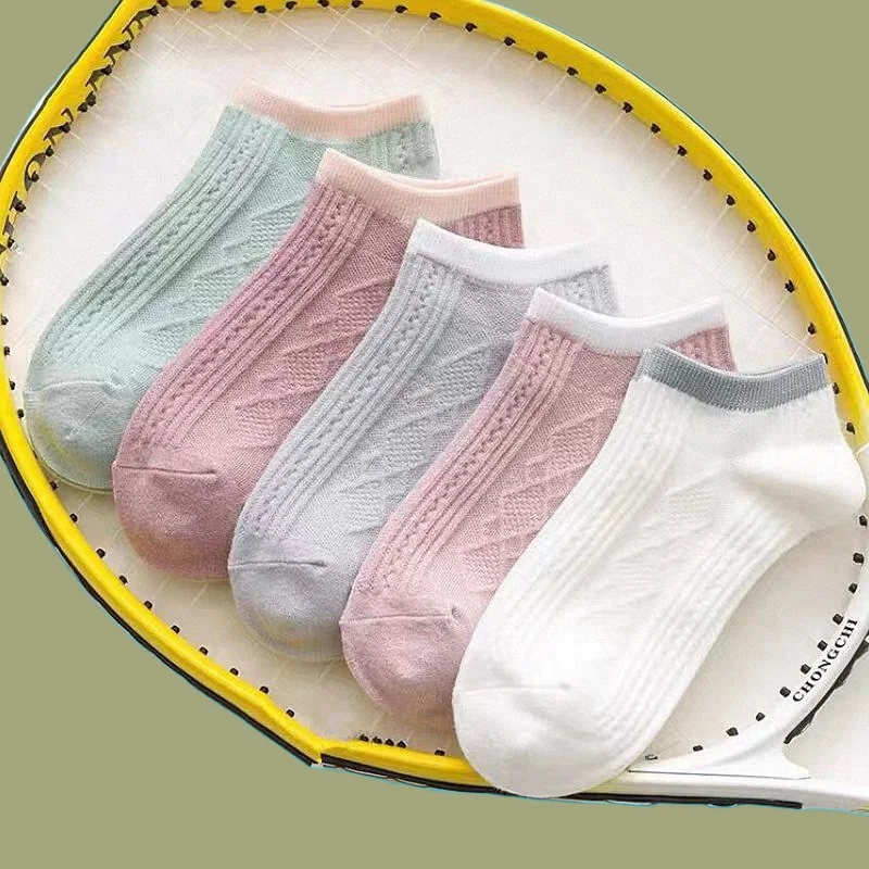 

5/10 Pairs Women's Thin Short Socks Low Cut Shallow Mouth Casual Boat Socks Solid Color Diamond Sweet Invisible Socks