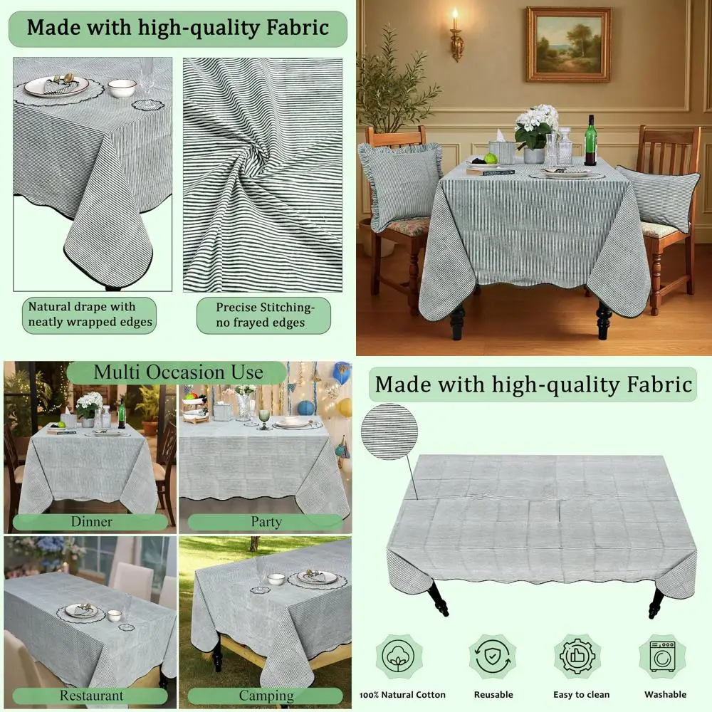 

Green Stripe 72x190 Block Print Tablecloth, Washable Decorative Table Cover for Kitchen and Dining, Ideal for Spring, Easter, Va