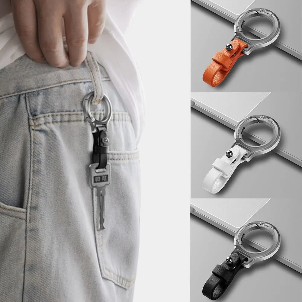 Titanium Alloy Cowhide Leather Keychain Waist Belt Buckle Carabiner Car Key Holder Small Key Rings for Gift Outdoor Tool