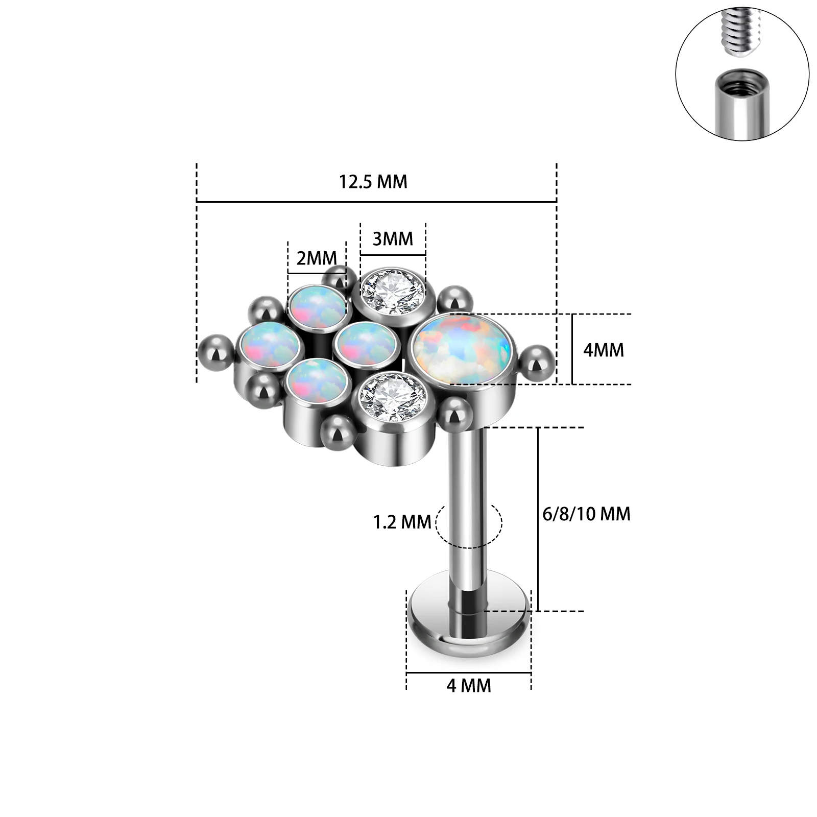 Zircão Opala Ágata Piercing para Mulheres, Nariz Studs, Lip Ear Tragus e Lobe Brincos, Jóia do corpo, Cartilagem, ASTM F136, ASTM