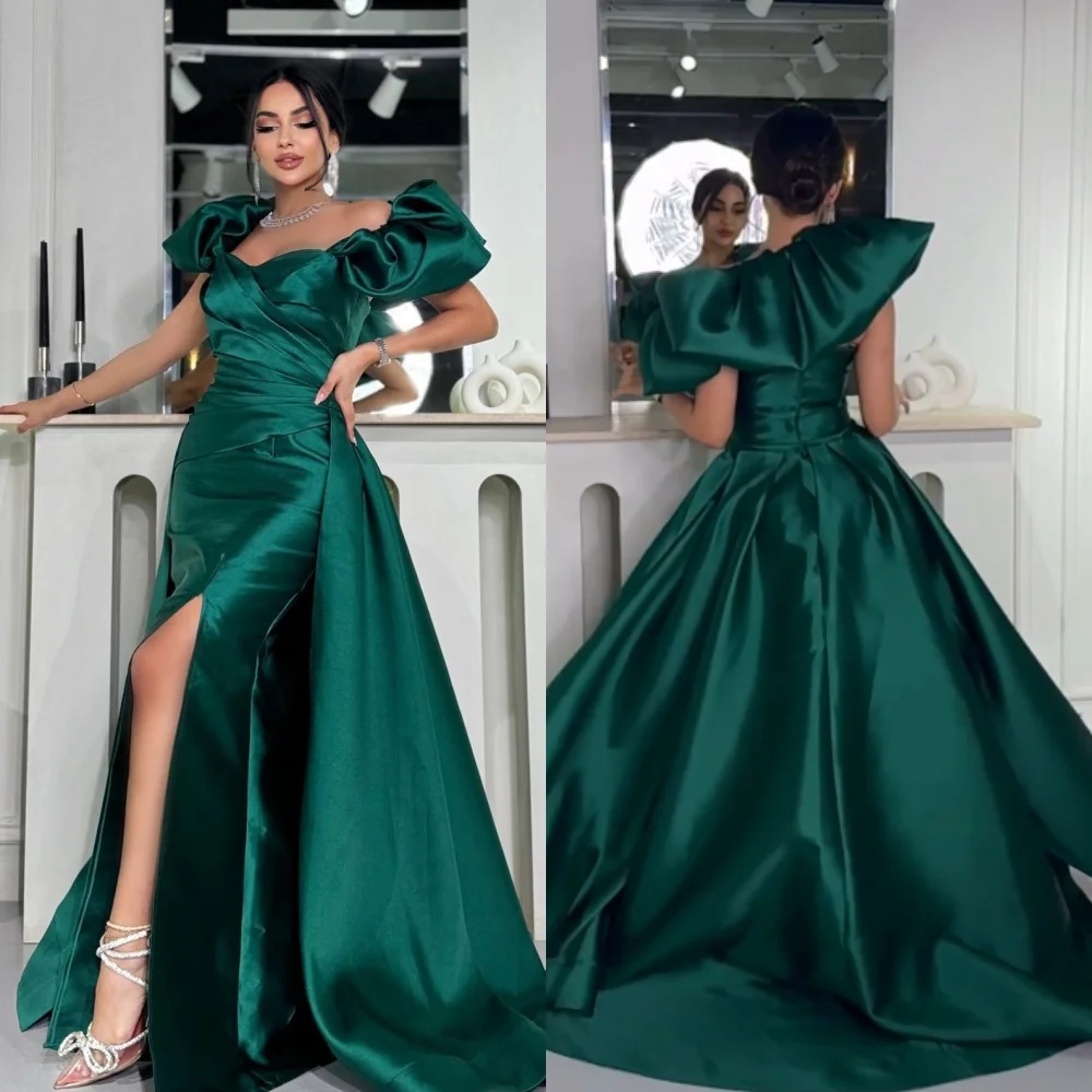 

Elegant Exquisite Satin Pleat Ruched Draped A-line Off-the-shoulder Long Dresses Celebrity Dresses Casual Classic Pastrol Retro