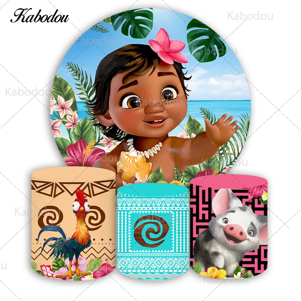 Disney Moana Round Photo Backdrop Cover For Girls Birthday Baby Shower Circle Photography Background Cylinder Covers