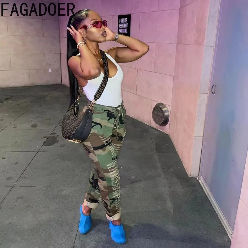 FAGADOER Spring New Camouflage Printing Hole Pants Women High Waisted Lace Up Pocket Jogger Trousers Casual Female Sport Bottoms