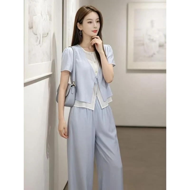 Fashionable Lightweight Short Sleeve Top And Wide Leg Pants Set for Women Summer 2026 Breathable Casual Sporty Versatile