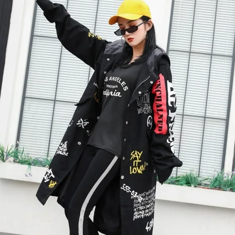 TPJB Graffiti Trench Coat Girl New Military Outwear Woman Cartoon Print Female Winderbreaker Black Overcoat For Women Clothing