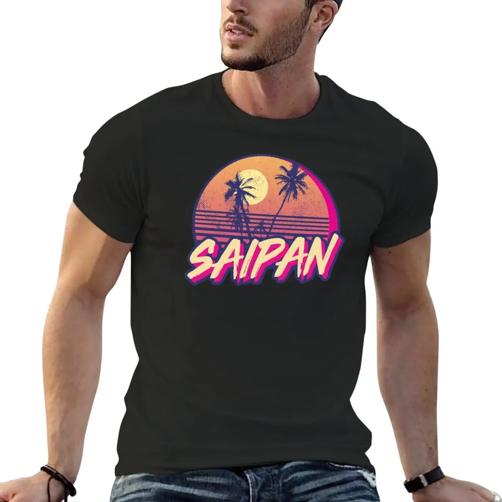 Retro Saipan Sunset Beach Graphic T-Shirt plain custom t shirt vintage clothes men t shirts