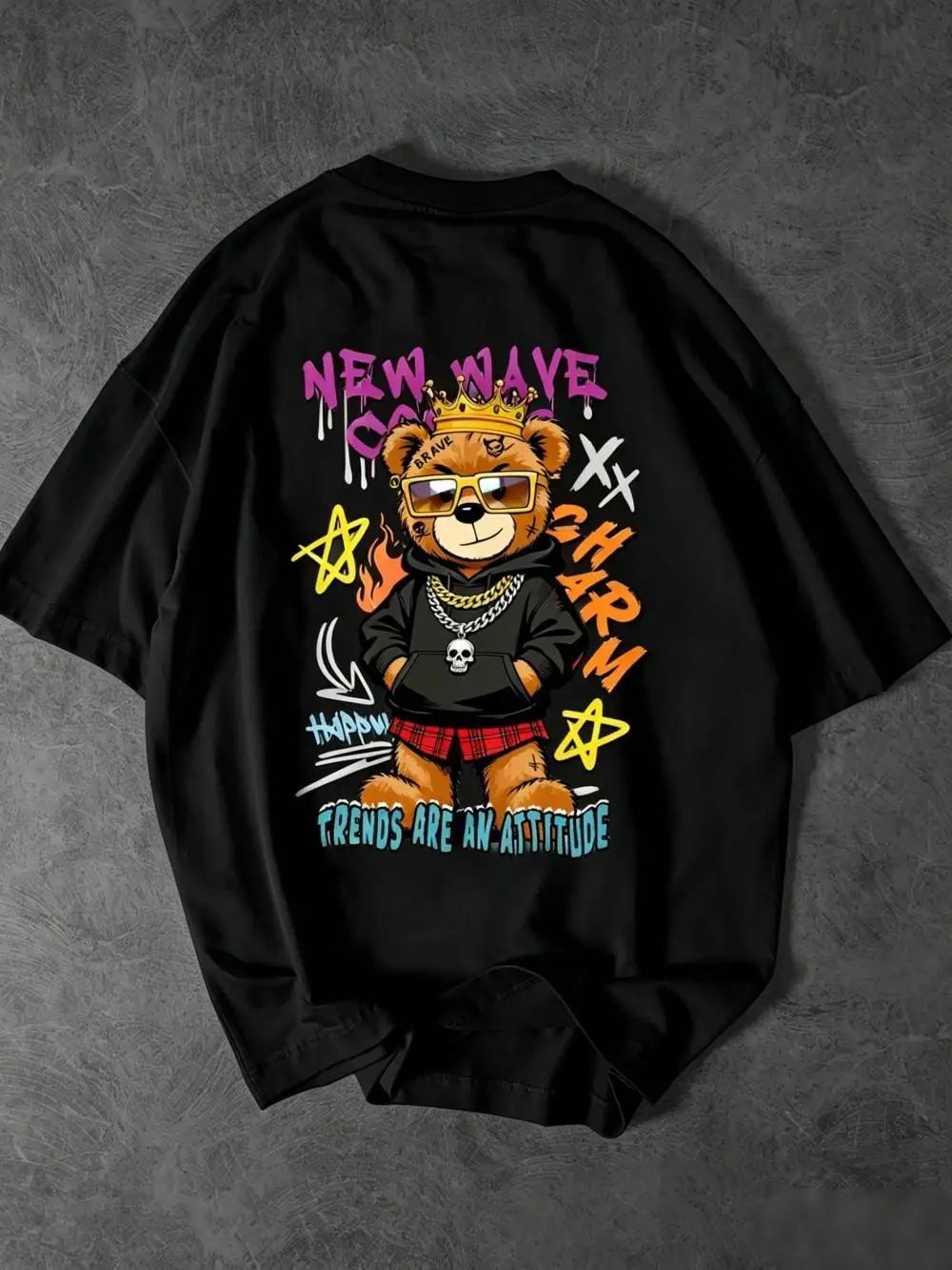 American style new men's summer teddy bear letter graffiti print soft and breathable round neck T-shirt outdoor street style top