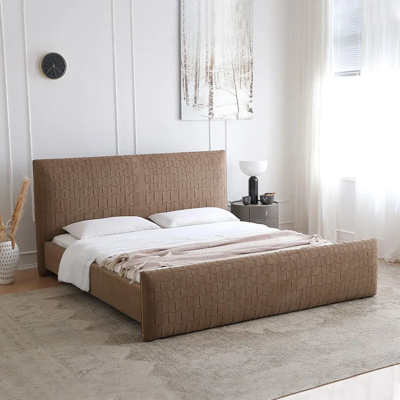 Italian minimalist microfiber leather woven double bed, master bedroom wedding bed handmade high-end