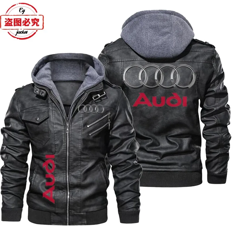 New pu leather jacket men's Audi car logo printed hooded jacket Audi team team work clothes