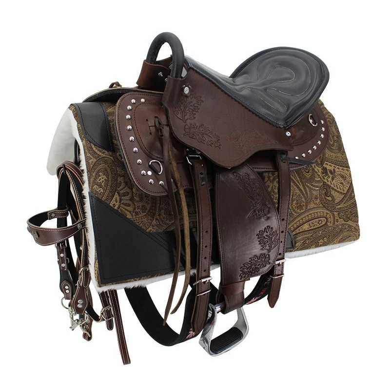 Full set of harnesses Cowhide carved endurance saddle Size harness Equestrian supplies Amusement park Durable