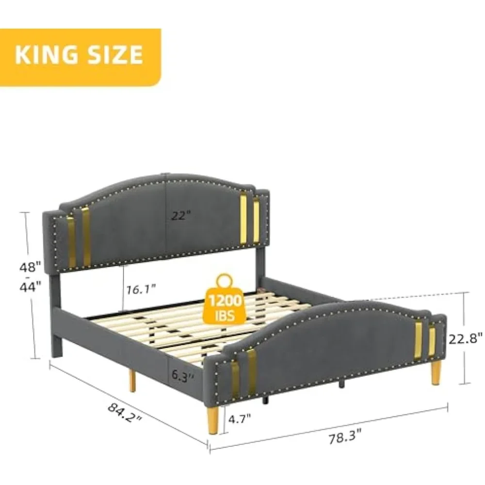 Marco de cama de terciopelo completo/King con cabecero ajustable, cabecero tapizado y reposapiés, Base de Metal estable y madera resistente