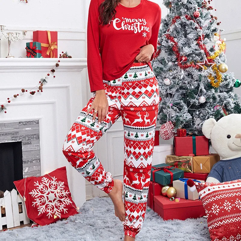 2025 Merry Christmas Women's Pajama Set Long Sleeve Letter Print Sleepwear Loose-Fit Holiday Pjs Matching Lounge Outfit New Year