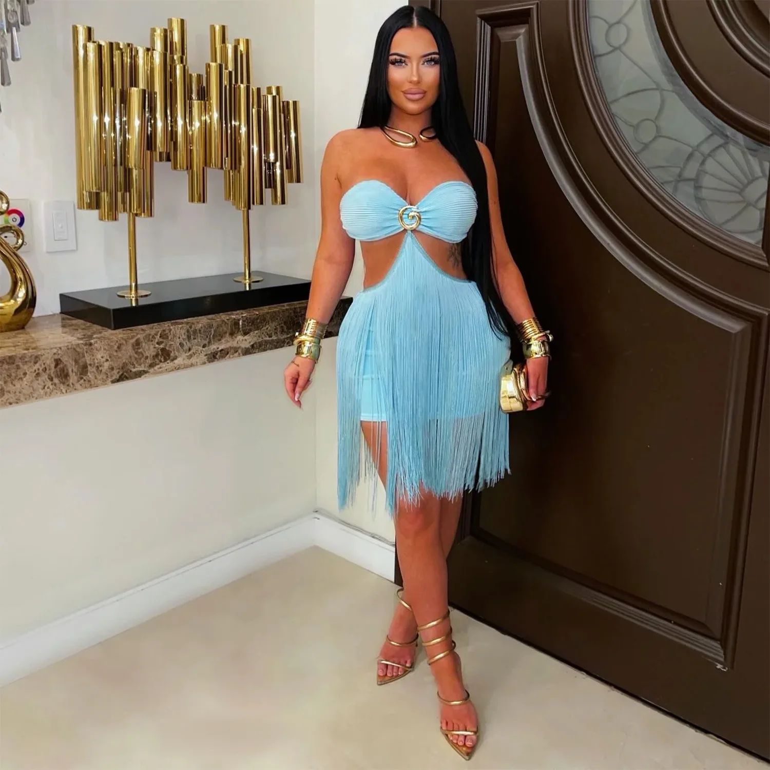Metal Buckle Tassel Patchwork Strapless Midi Party Dress Clubwear Women Sexy Strapless Hollow Out Backless Vacation Beachwear