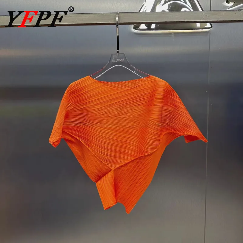 

YFPF Asymmetrical Design Women's T-shirt Fashion Miyake Pleated Short Sleeve Solid Color Tops Casual 2025 New Clothing