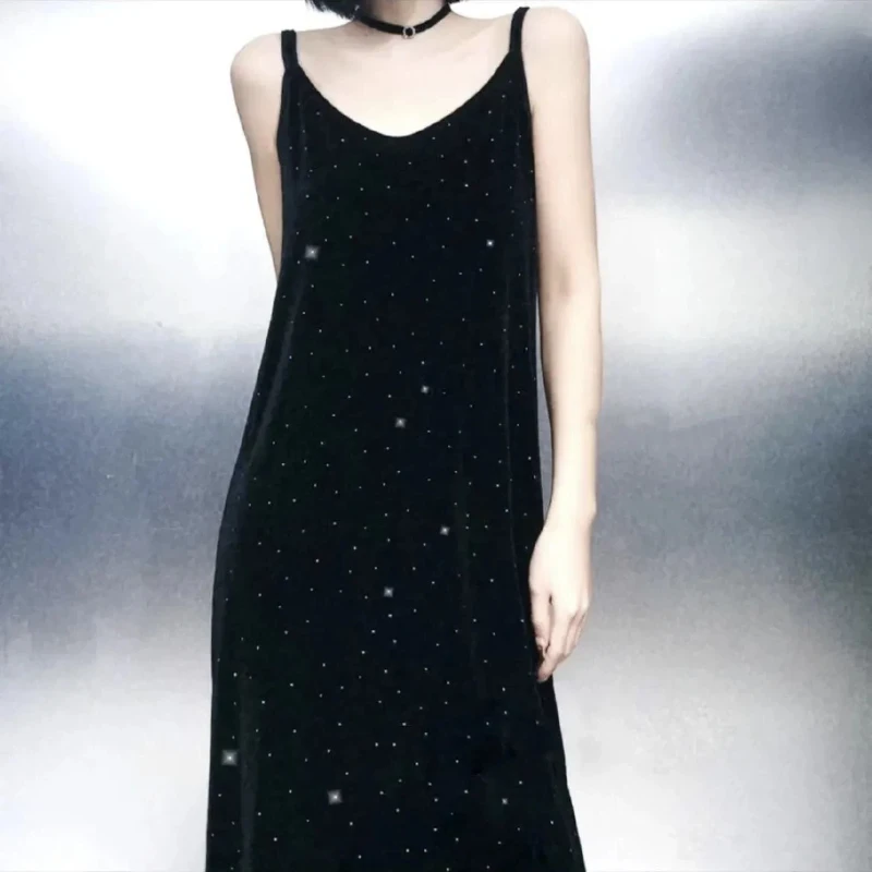 

Elegant Black Sleeveless V Neck Mid Length Dress With Sparkle Detail Polka Dot Pattern For Evening Wear