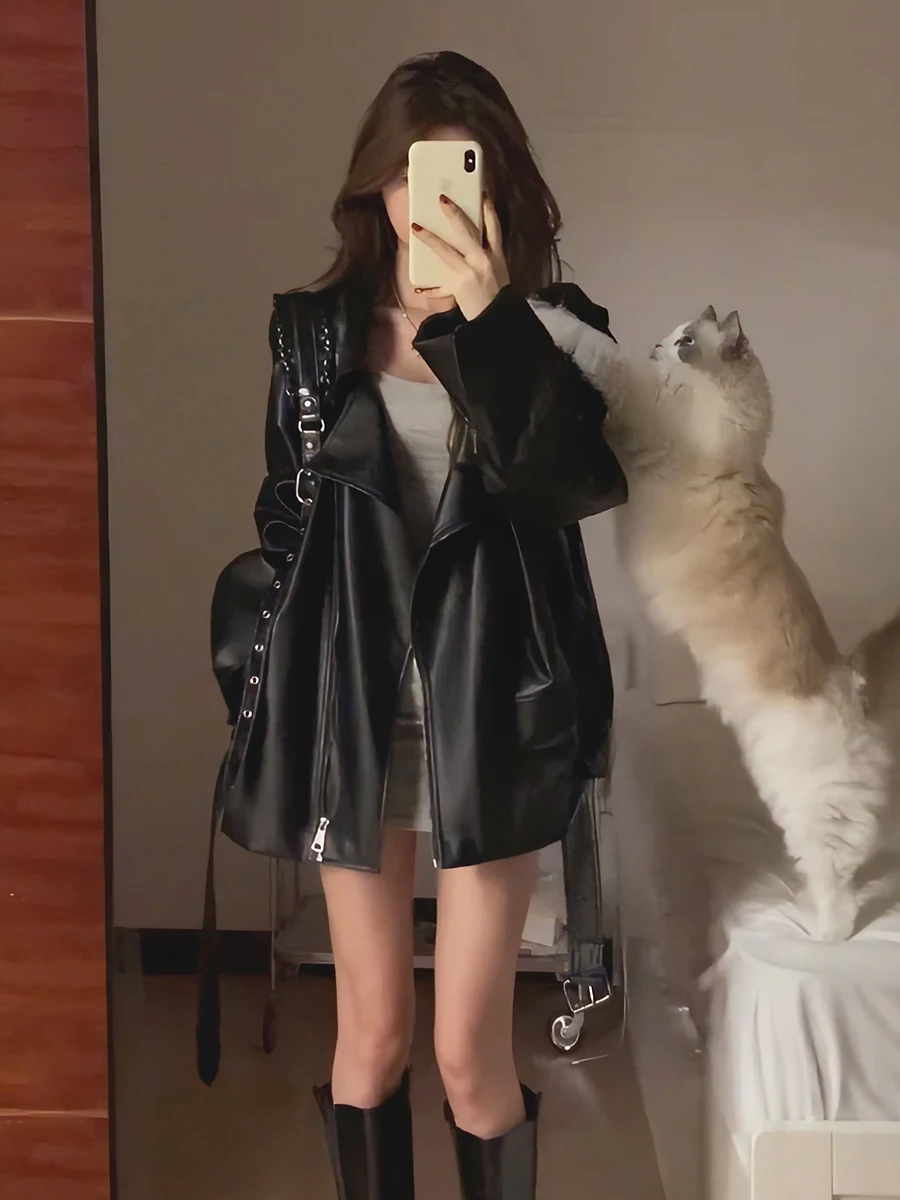 Loose Women's PU Leather Jacket Street Style Versatile Retro Biker Jacket Fall New Arrival Small Size Friendly Fashionable