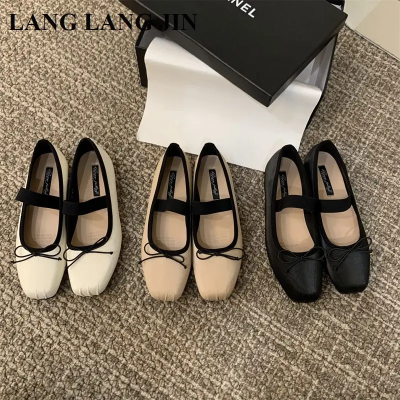 

Classic Bow Knot Flats Shoes Women Fashion Elastic Band Ballet Square Toe Mary Jane Flats Elegant Valentine Soft Ballerina Mujer