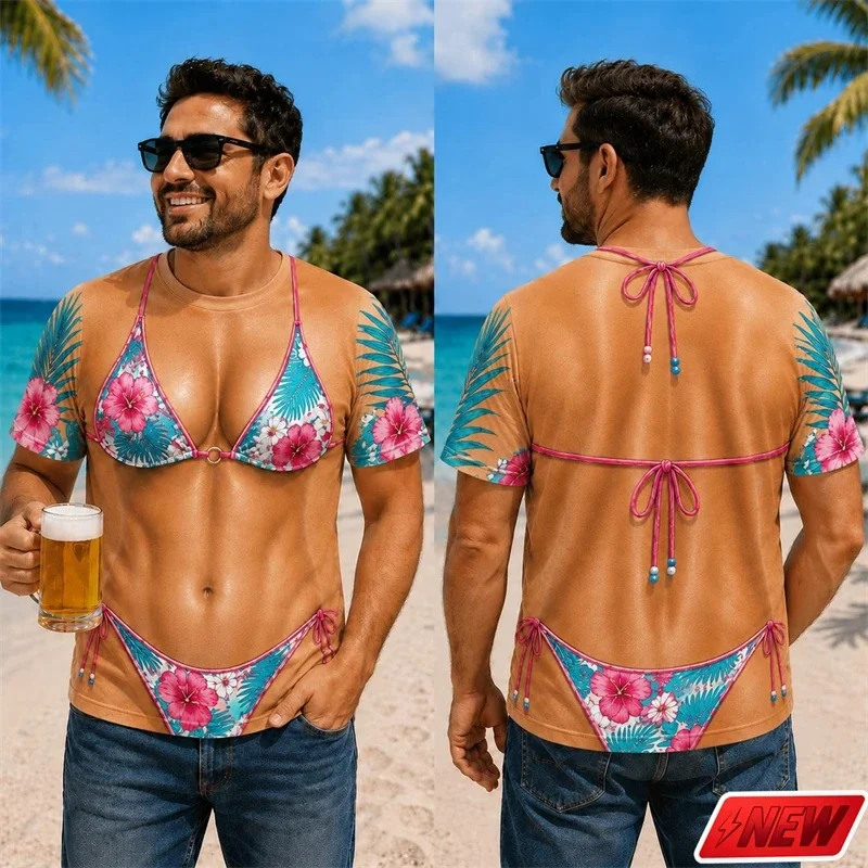 Summer 2026 Short sleeved Imitation Bikini Illusion T-shirt, Funny Beach T-shirt, Personalized Birthday Gift, Fashion Trend