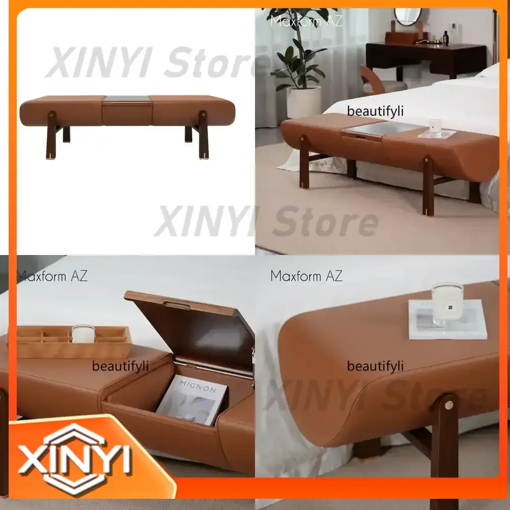 Leather Storage Stool for Bedroom Home Use Cowhide Shoe Changing Stool for Italian Light Luxury Bedside Decor