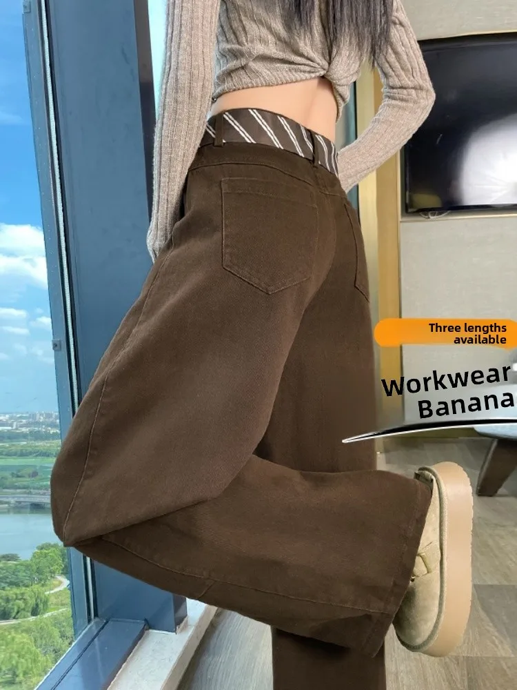 Pantaloni da lavoro casual Cé Brown Pantaloni da donna autunno inverno a gamba larga a gamba dritta Pantaloni drappeggiati americani a vita alta con dettaglio ket