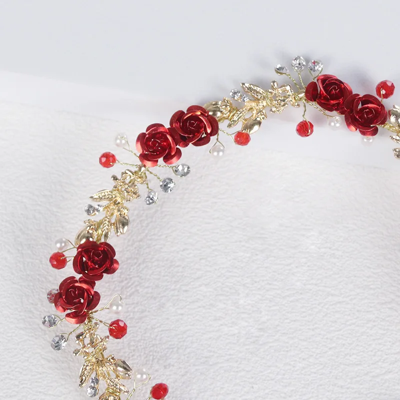 Hot Selling Rhinestone Hairbands Golden Floral Fashion Hair Accessories Bridal Wedding Decoration Accessories Red Flower