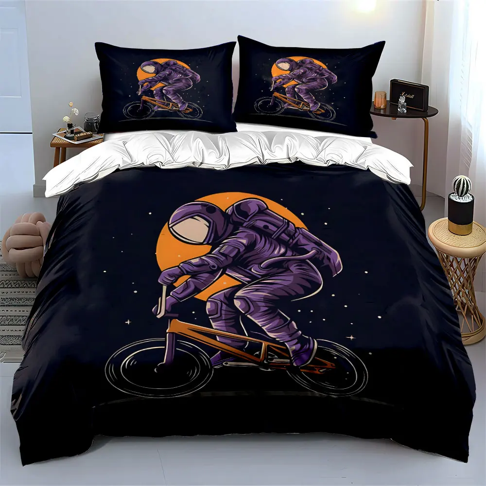 Astronaut riding a bicycle illustration Print Soft Comfortable Duvet Cover Bedding Set Included 1*Duvet Cover  2*Pillowcases