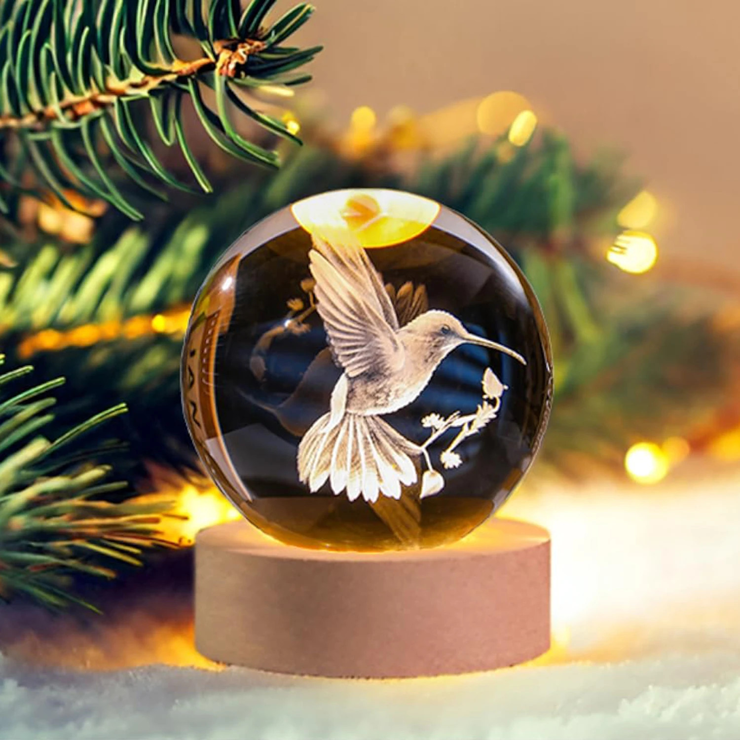 3D Hummingbird Crystal Ball 6cm Hummingbird Model Decorative Glass Sphere with Wood LED Base Home Decoration Ornaments Souvenir