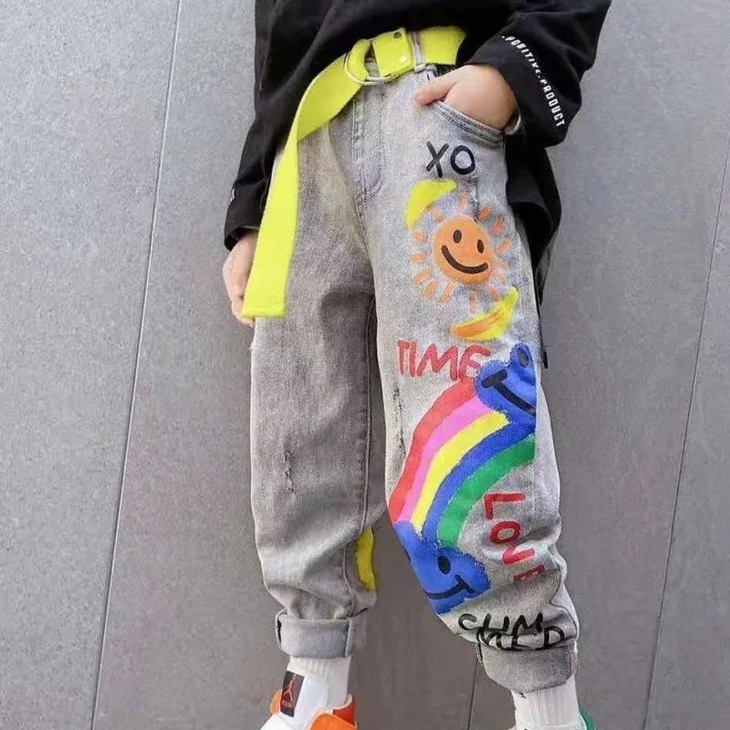 Boys Jeans Pant Spring and Autumn Boys Printed Jeans New Medium and Children\'s Loose Western Style  Boys’ Casual Pants