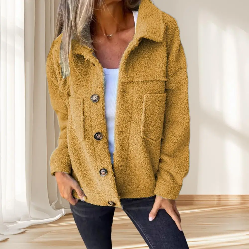 Single-breasted Jacket Women Jacket Cozy Fleece Winter Jacket with Double Pockets Button Closure Women\'s Long Sleeve for Outdoor