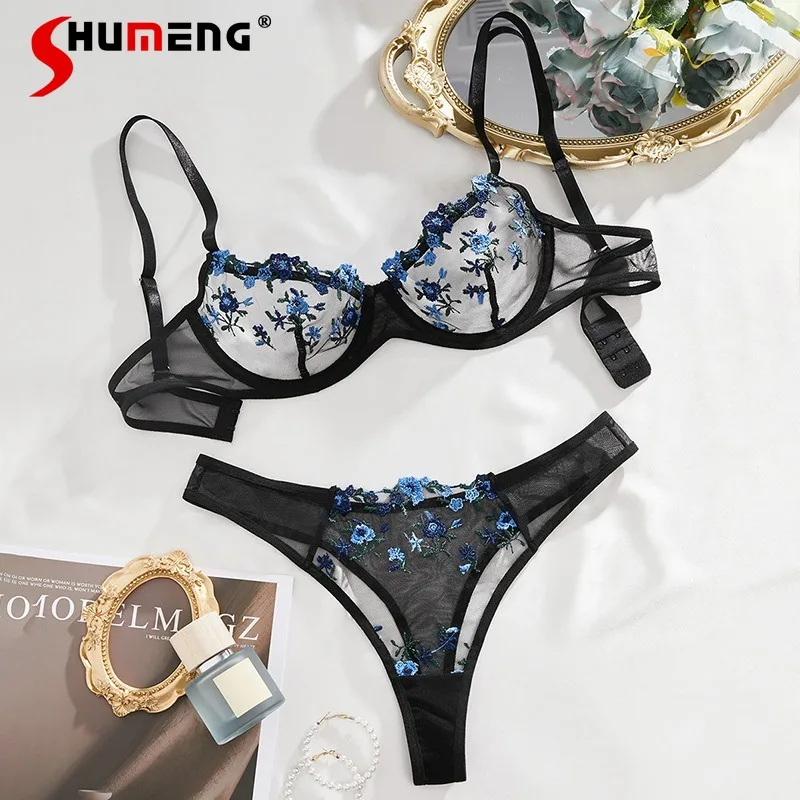 

Mesh See Through Sweet Brief Sets for Ladies Sexy Ultra Underwear Pure Desire Thong Bra Set Women's Japanese Style Intimates