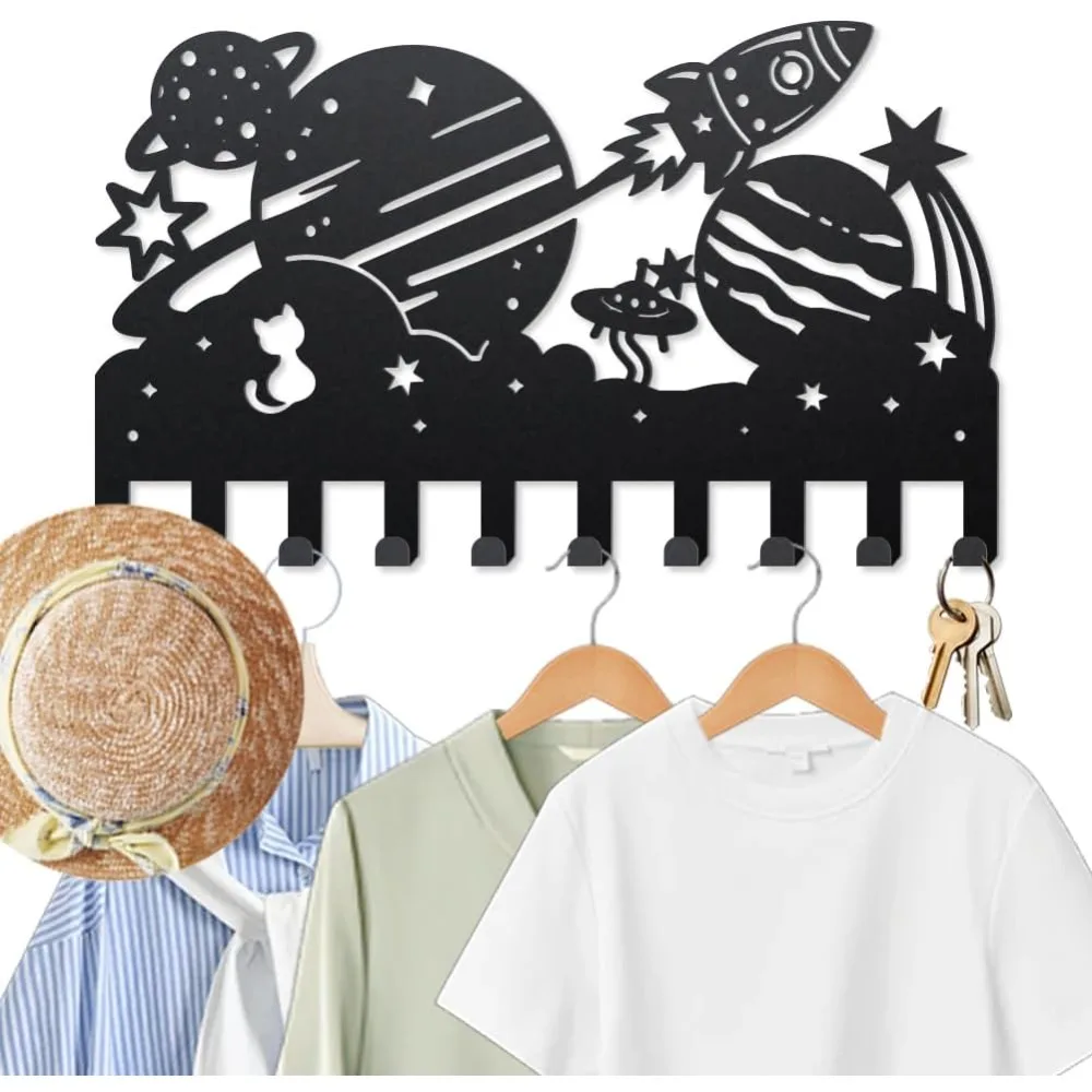 

Вешалка для одежды Space Planet, настенное крепление, металлические крючки для одежды Rocket Cat для подвешивания 15,7 × 9,3 дюйма, звездный космический корабль, черный настенный художественный набор для изготовления