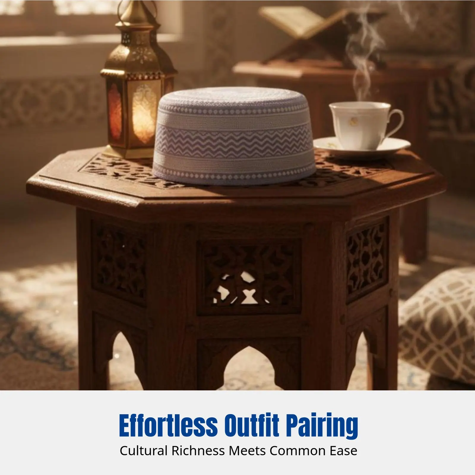 

Prayer Cap, Cream Flat Top, Embroidered Geometric Pattern, Men's Ethnic Design, Saudi Hui Muslim, Youth