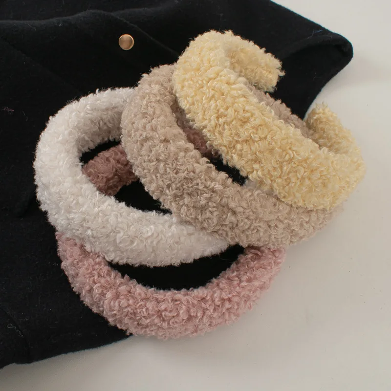 Fashion Warm Lamb Wool Hairbands 4cm Wide Solid Color Headband Women Plain Fluffy Hair Hoop Korean Style Winter Hair Accessories