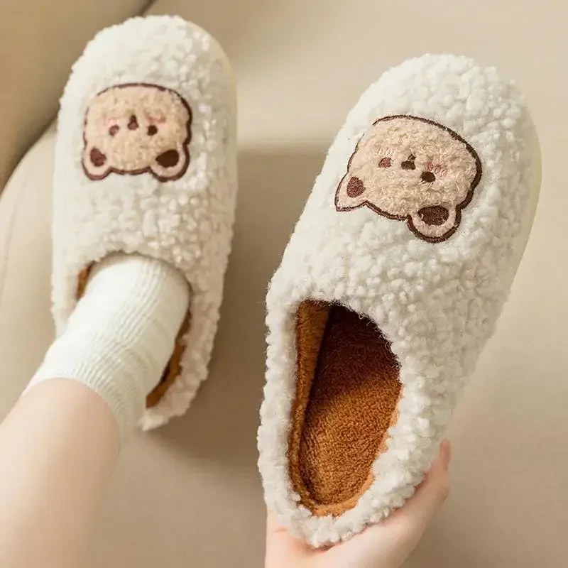 New Women Home Slippers Men Furry Indoor Bedroom Flats Warm Plush Couples Cute Cartoon Bear Winter Floor Slides Non-slip Shoes