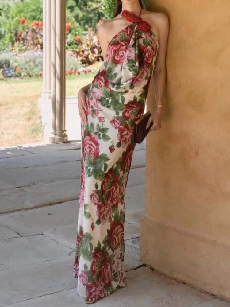 

Rose Print Halter Neck Women Long Dresses Sexy Beach Vacation Backless Dress Summer Hollow Out Sleeveless Slim Party Vestidos