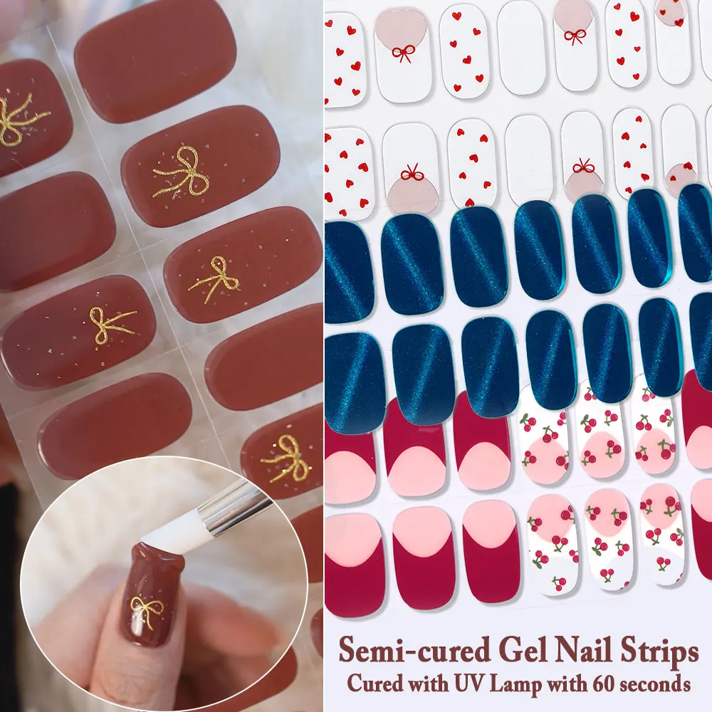 Semi-cured Gel Nail Strips 16 Tips - Self Adhesive Gel Nail Stickers Waterproof DIY Nail Decals Manicure Set, UV Lamp Required