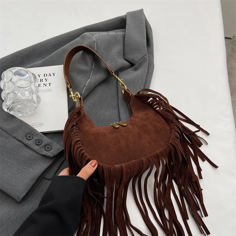 Small Tassels Design Shoulder Bags Women 2024 New Korean Fashion Punk Style Underarm Bags Trendy Retro Pu Leather Handbag Female