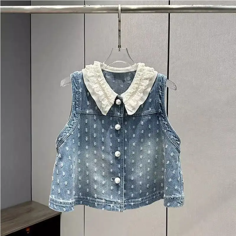 This Is A Super Beautiful Denim Set with Lace Trim, A Vest and Jeans. It's A High-end Two-piece Summer Fashion Women's Wear Set