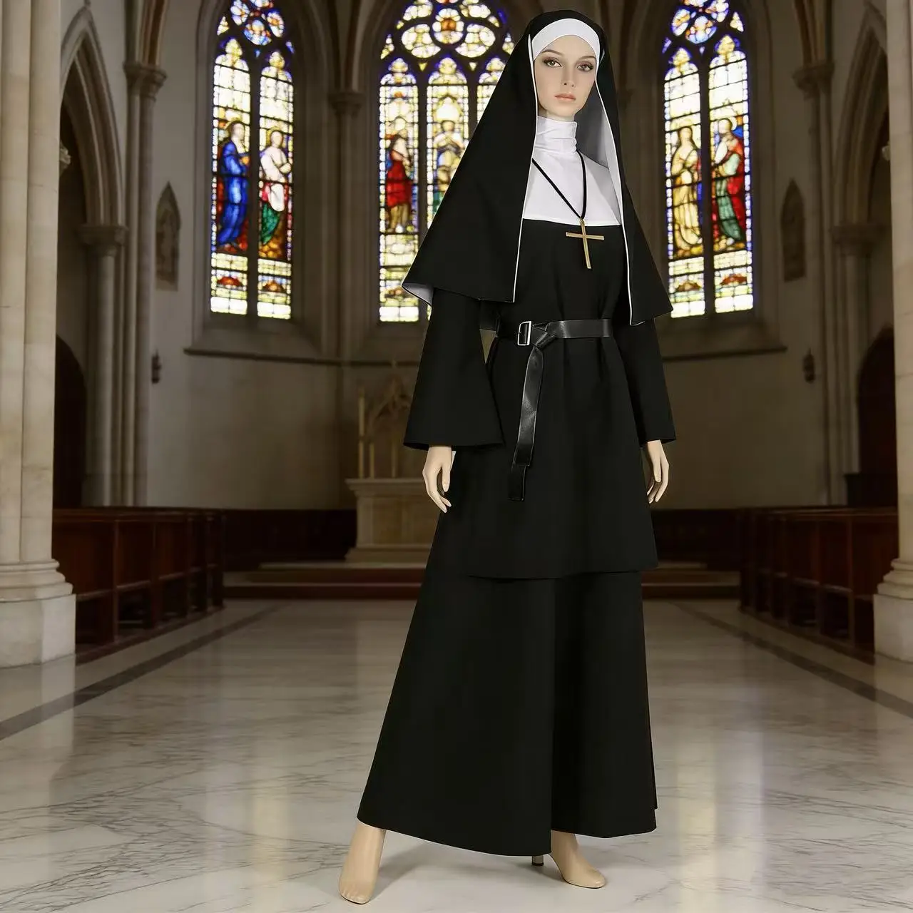 

Костюм монахини на Хэллоуин, комплект из 4 предметов с накидкой, поясом, ожерелье, классический тренд, карнавальный костюм для маскарада, подарки на вечеринку