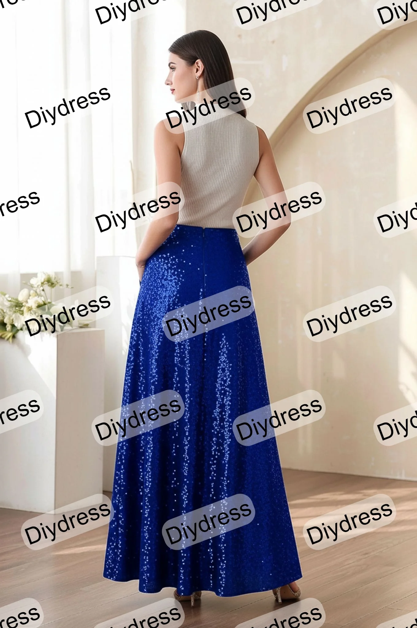 Women’s Wedding Long Sequin Bridesmaid Dress A-Line Floor Length Maxi Sequin Prom Party Skirts With Pockets For Evening Gown